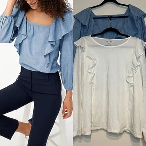 J CREW Factory Set of 2 NWOT Ruffle Shoulder Longsleeve Blouses